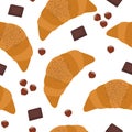 Seamless pattern Croissant with chocolate and nuts vector illustration.